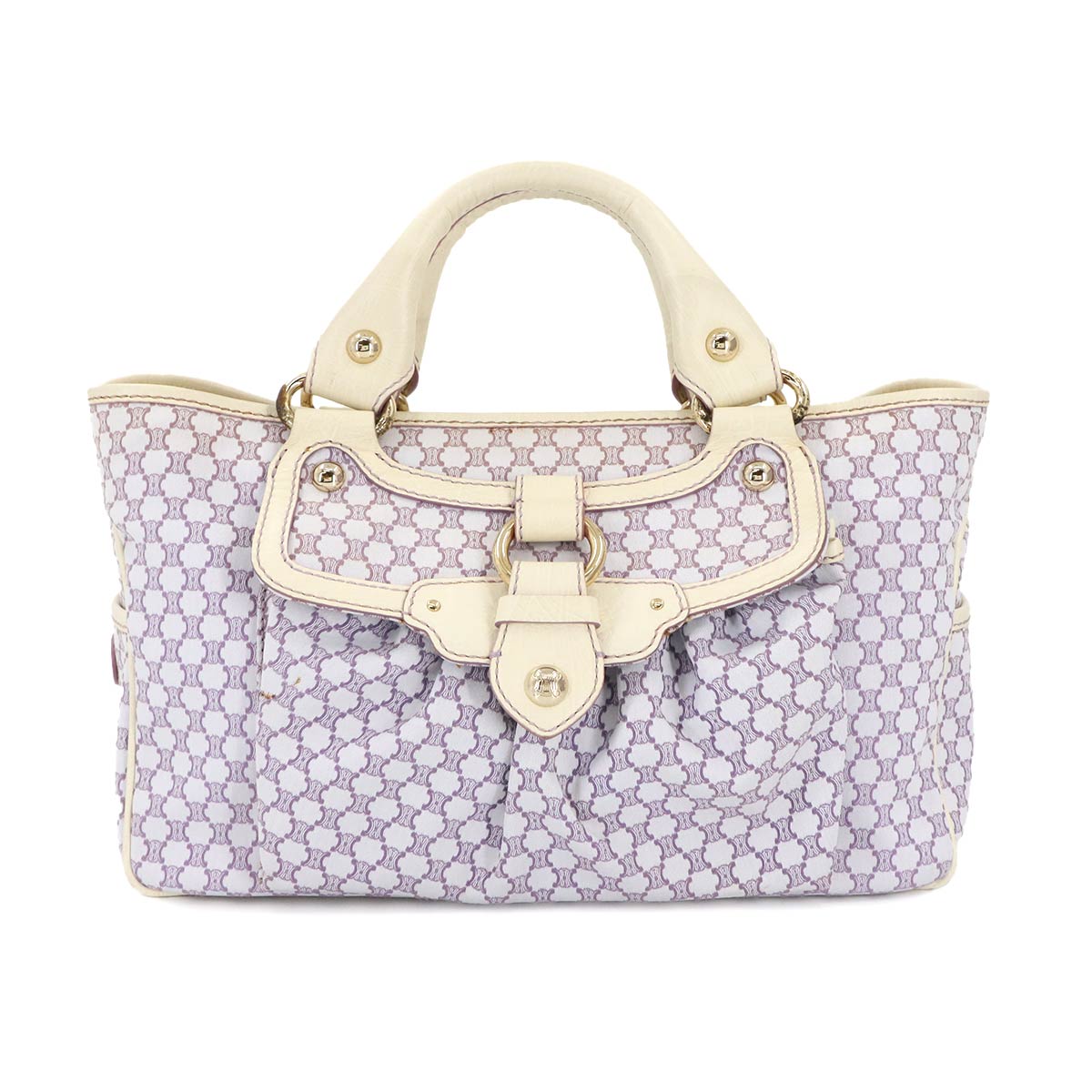 CELINE マカダム ハンド バッグ キャンバス レザー ライトパープル アイボリー ゴールド 金具 Hand Bag セリーヌ 90286233