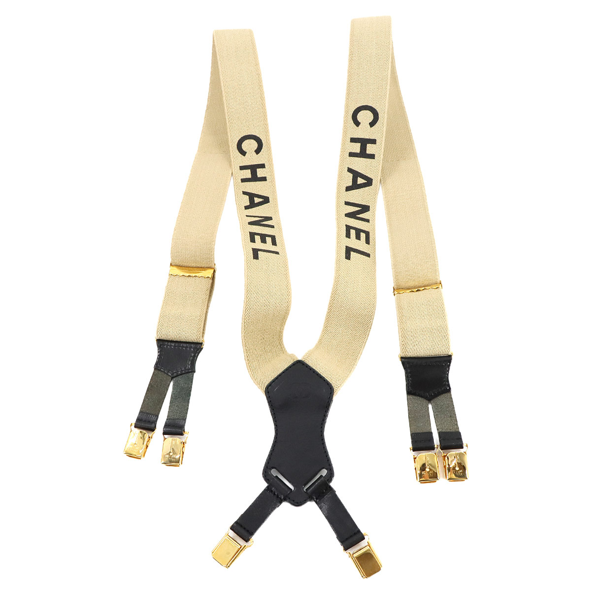 CHANEL サスペンダー ロゴ キャンバス レザー ベージュ ブラック ゴールド 金具 ヴィンテージ Suspender シャネル 90282199