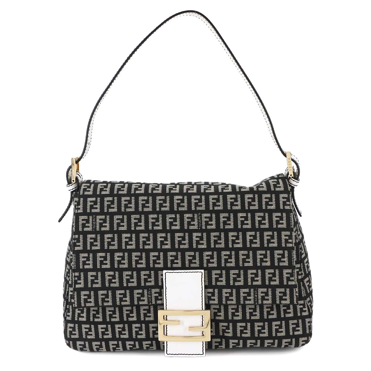 FENDI ズッキーノ マンマバゲット ショルダー バッグ キャンバス レザー ブラック ホワイト 8BR001 ゴールド 金具 Mamma Baguette フェンディ 90287583