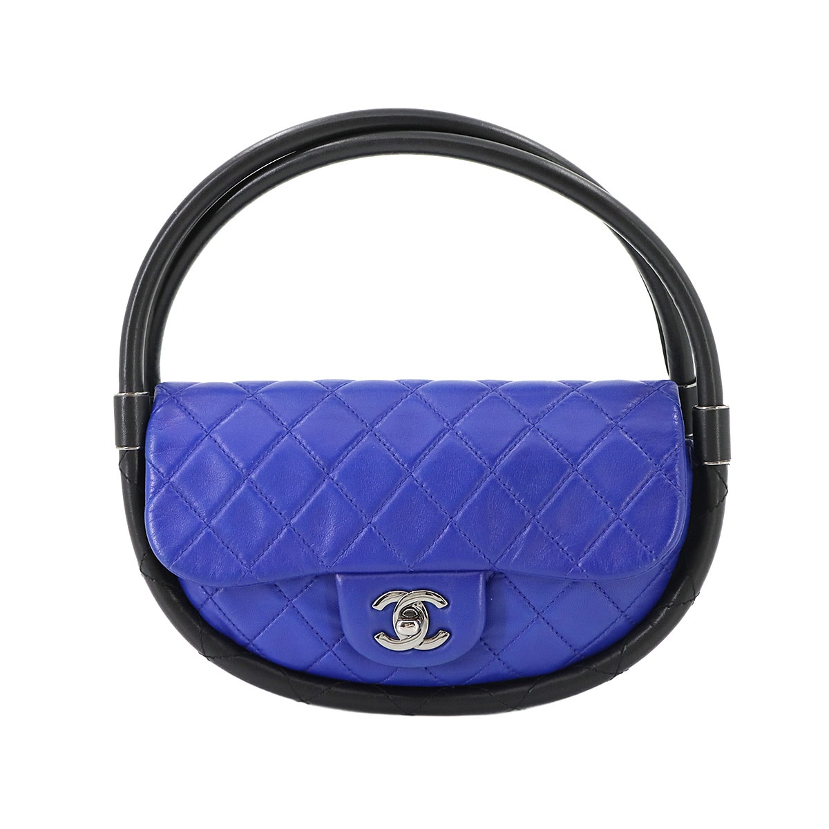 CHANEL マトラッセ フラフープ ハンド バッグ ラムスキン ブルー ブラック シルバー 金具 Matelasse Bag シャネル 90290254