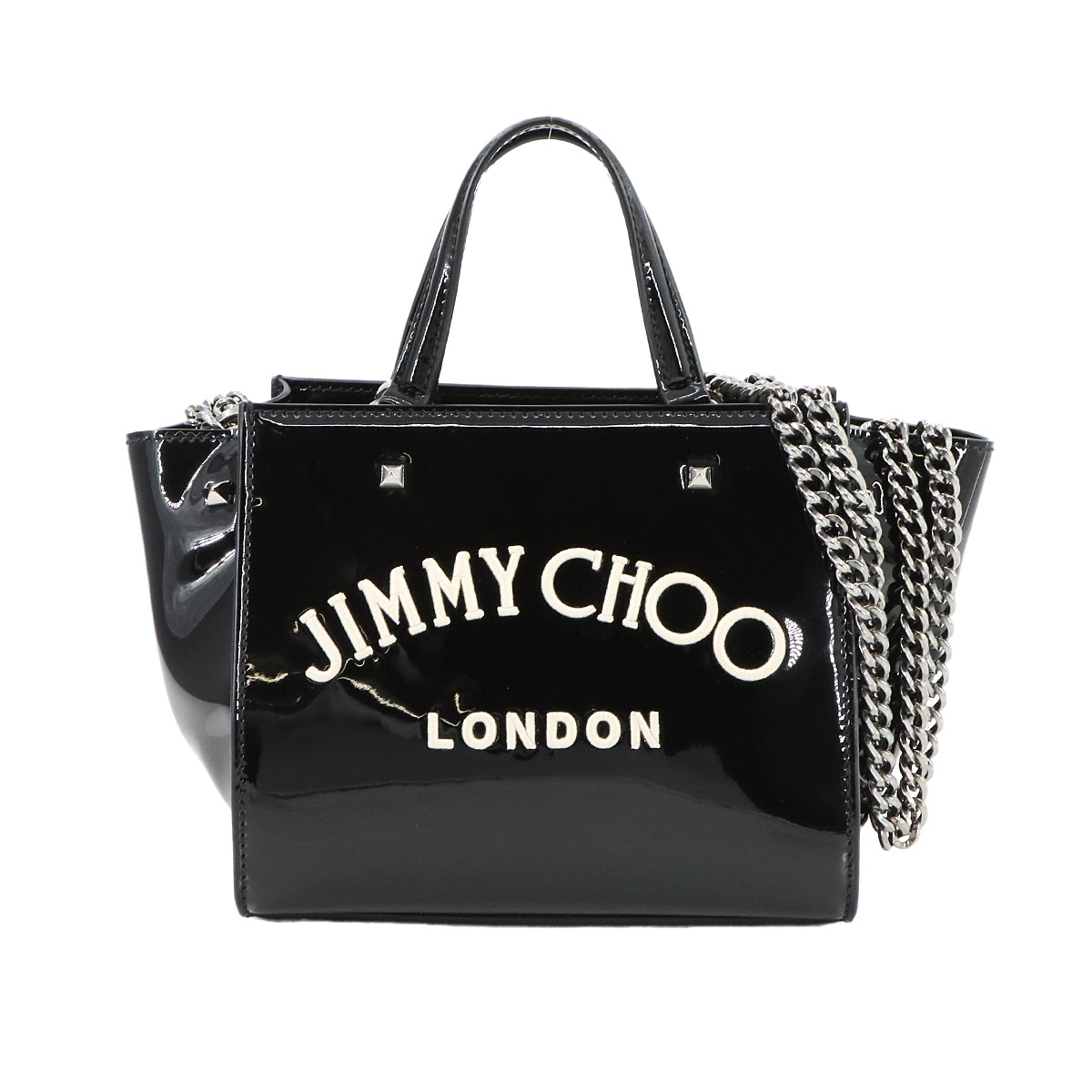 JIMMY CHOO 2way ヴァレンヌ スモール トート チェーン ショルダー バッグ エナメル ブラック ホワイト シルバー 金具 Tote Shoulder Bag ジミーチュウ 90289108