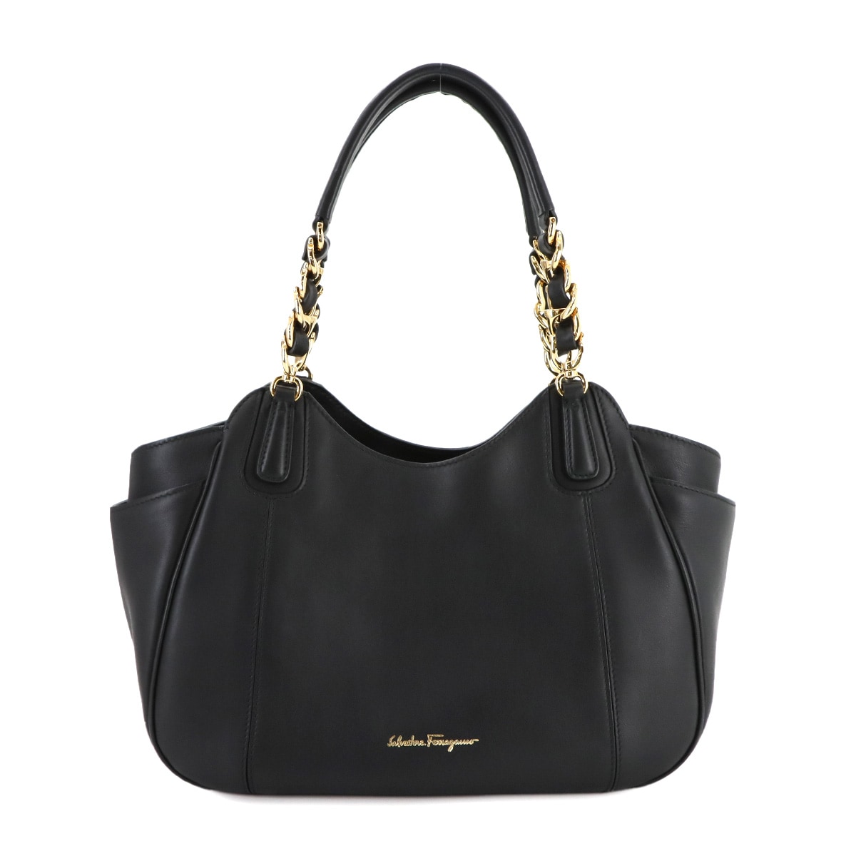 Salvatore Ferragamo ガンチーニ チェーン トート バッグ レザー ブラック FZ-21 F077 Gancini Tote Bag サルヴァトーレ フェラガモ 90289263