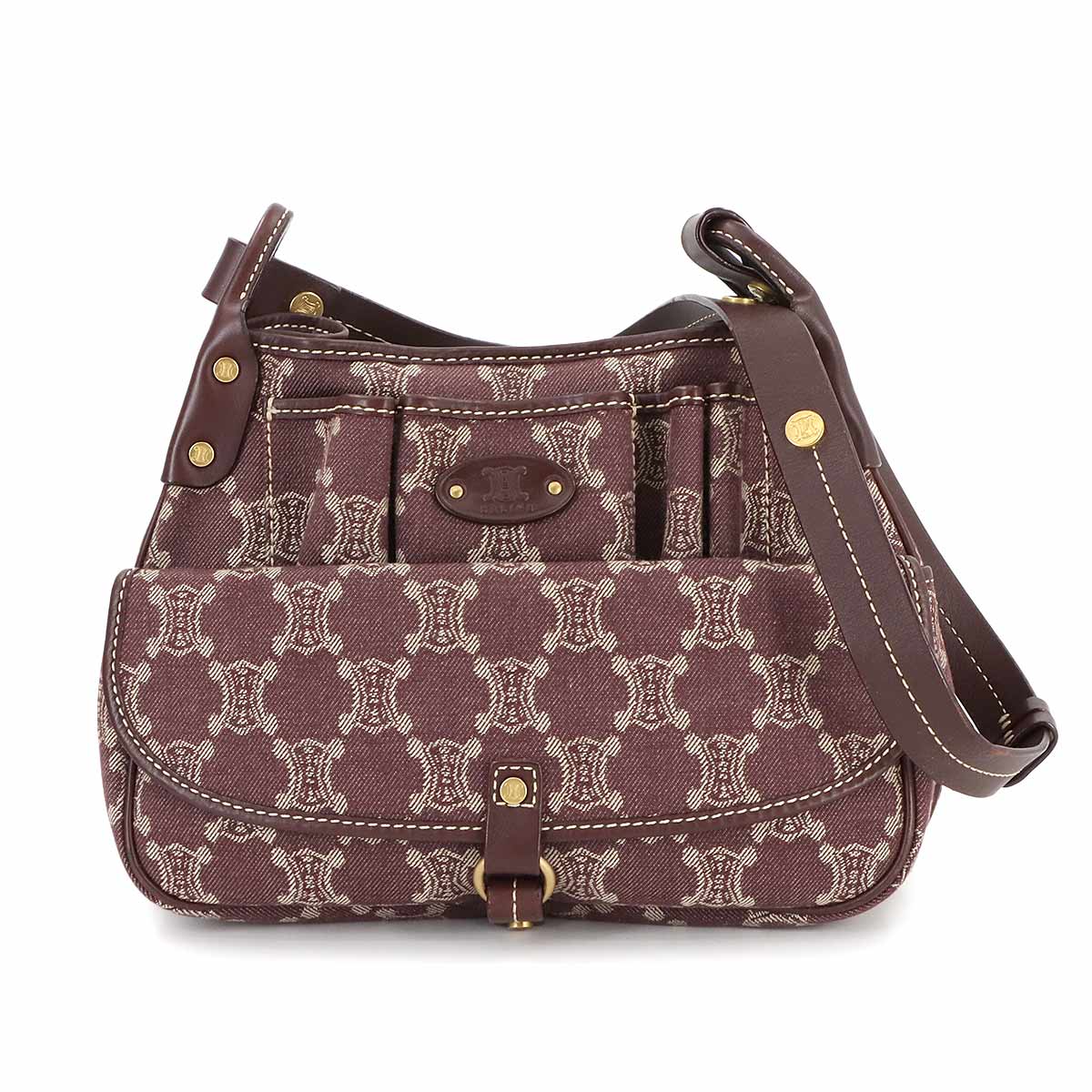 CELINE マカダム ショルダー バッグ デニム レザー ブラウン ゴールド 金具 Macadam Shoulder Bag セリーヌ 90290925