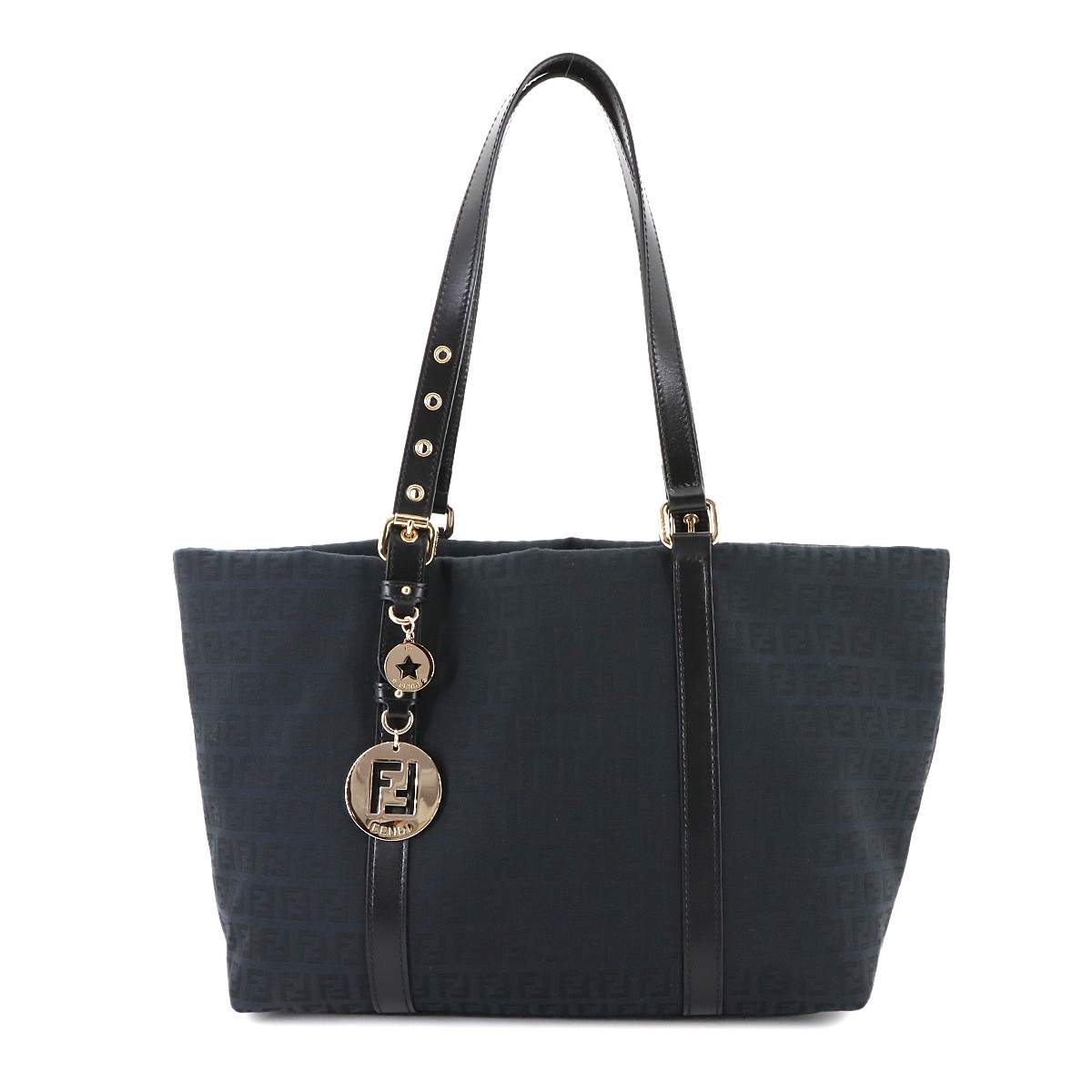 FENDI ズッキーノ トート バッグ キャンバス レザー ブラック 8BH215 ゴールド 金具 Tote Bag フェンディ 90289235