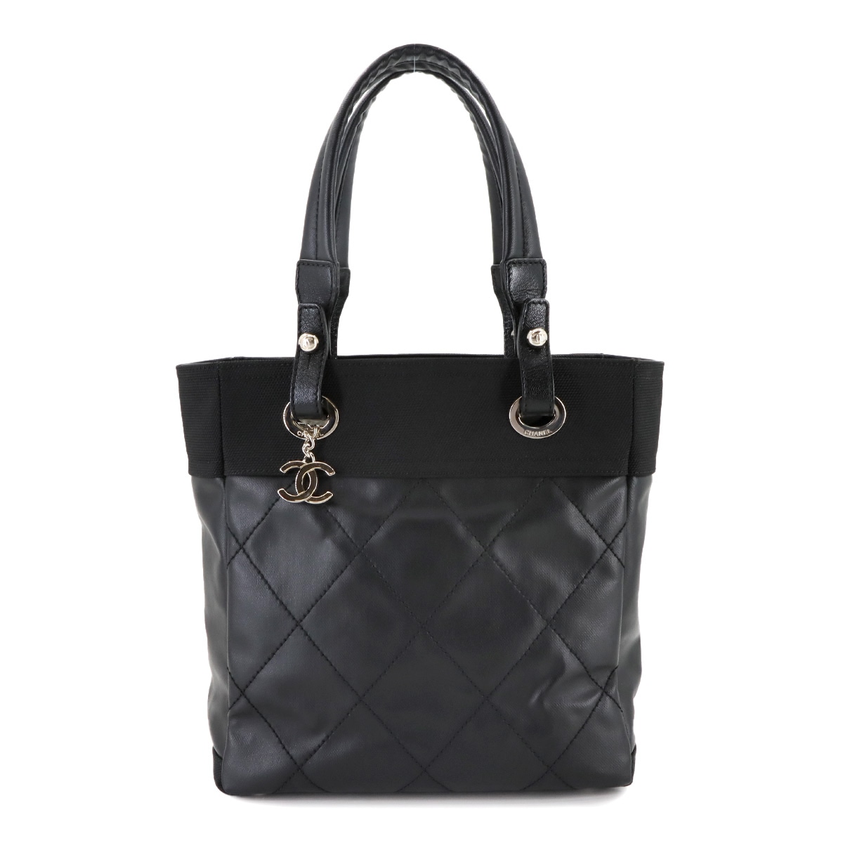 CHANEL パリビアリッツ PM トート バッグ PVC ナイロン レザー ブラック A34208 シルバー 金具 Paris Biarritz PM シャネル 90292749