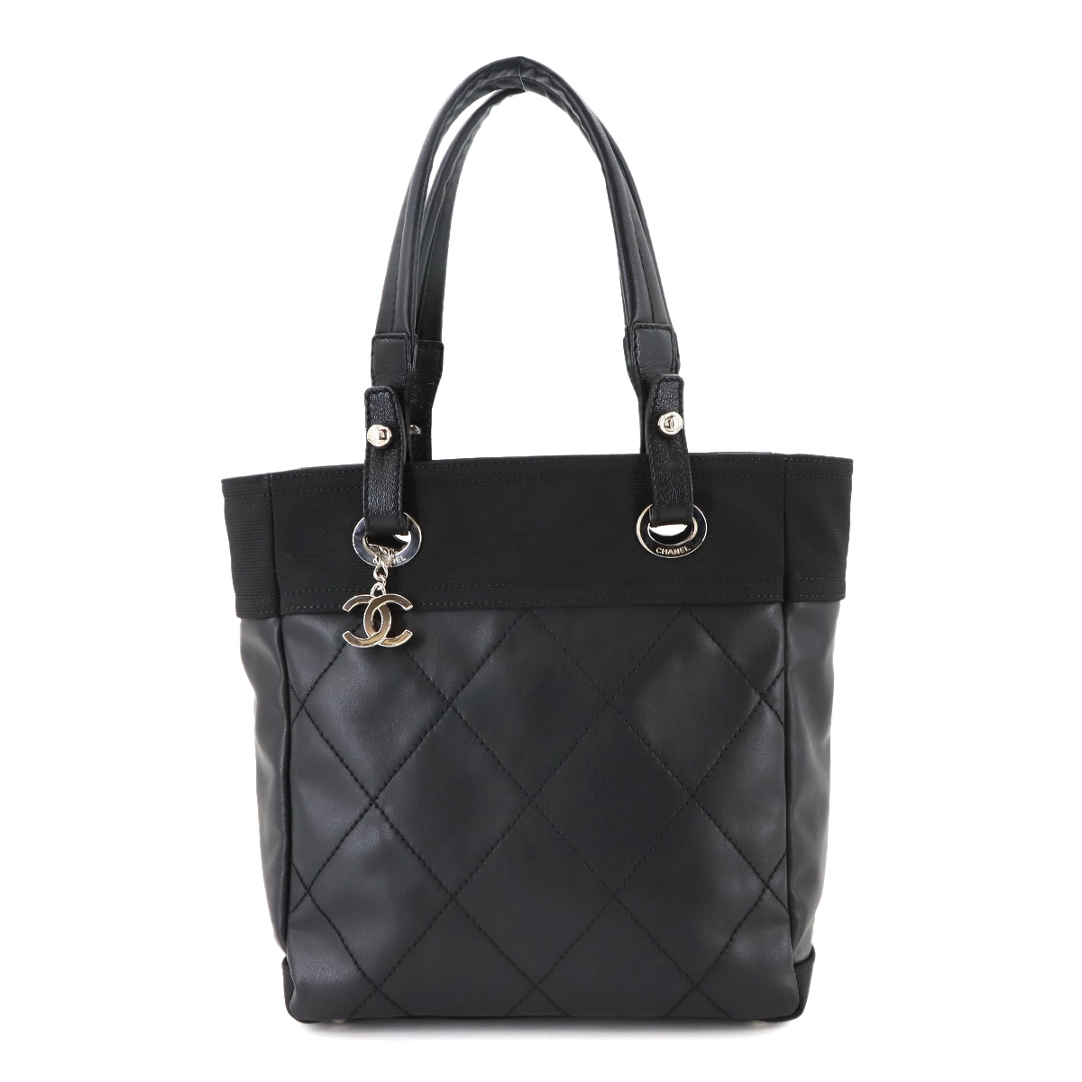 CHANEL パリビアリッツ PM トート バッグ PVC ナイロン レザー ブラック A34208 シルバー 金具 Paris Biarritz PM シャネル 90294395