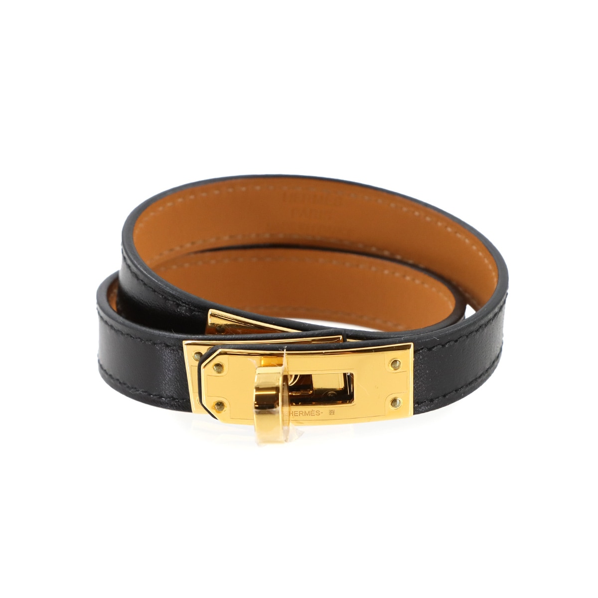 HERMES ケリー ドゥブルトゥール ブレスレット ボックスカーフ ブラック B刻印 T3 ゴールド 金具 Kelly Double Tour エルメス 90295145
