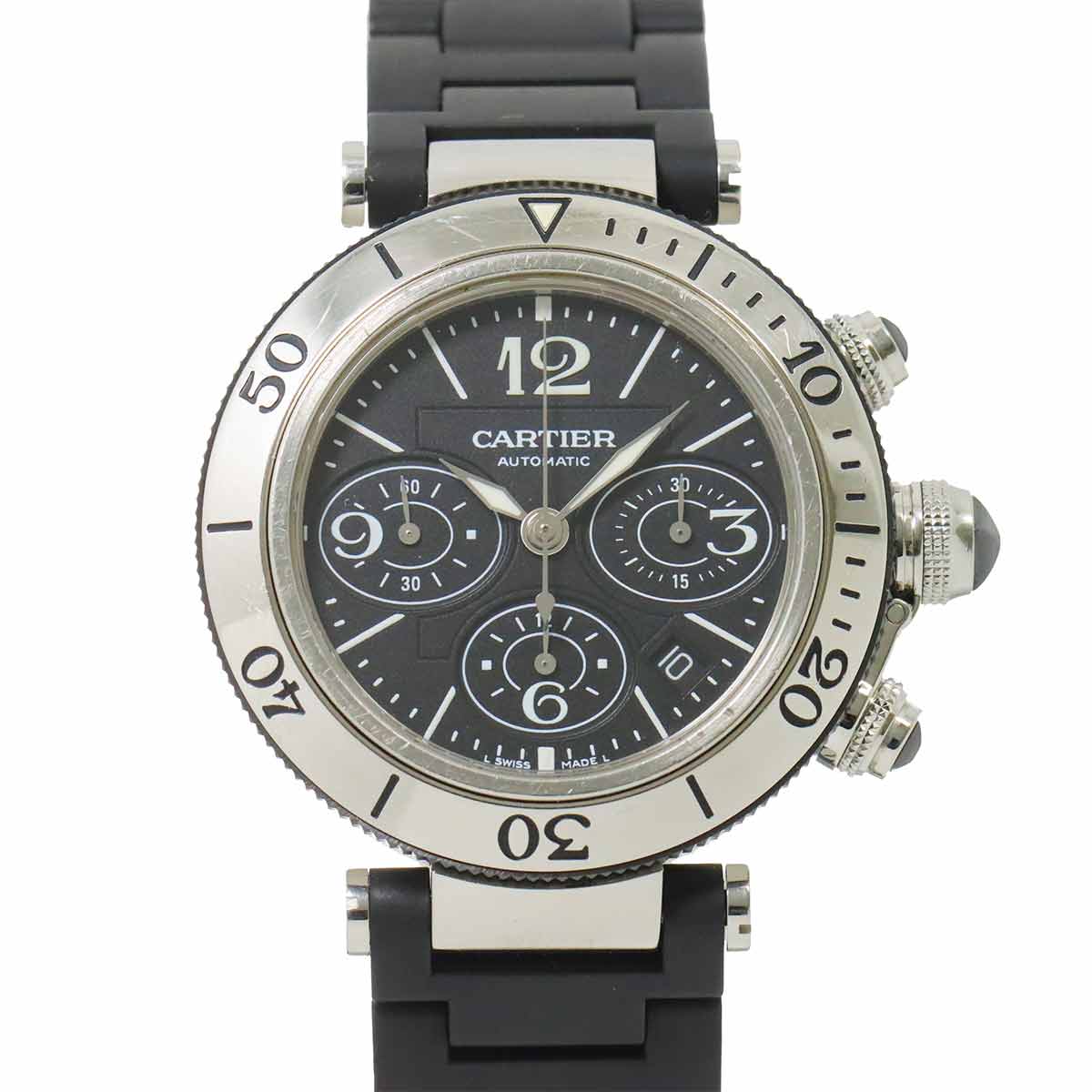 Cartier パシャ シータイマー クロノグラフ W31088U2 メンズ 腕時計 デイト ブラック ラバー オートマ 自動巻き ウォッチ Pasha Seatimer カルティエ 90293822