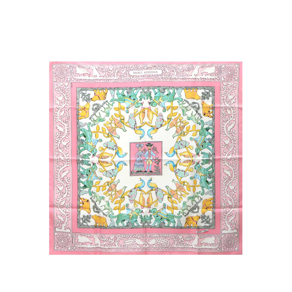 HERMES カレ 90 大判 スカーフ Early America 古き良きアメリカ シルク 100% ピンク Carre Scarf エルメス 90289098