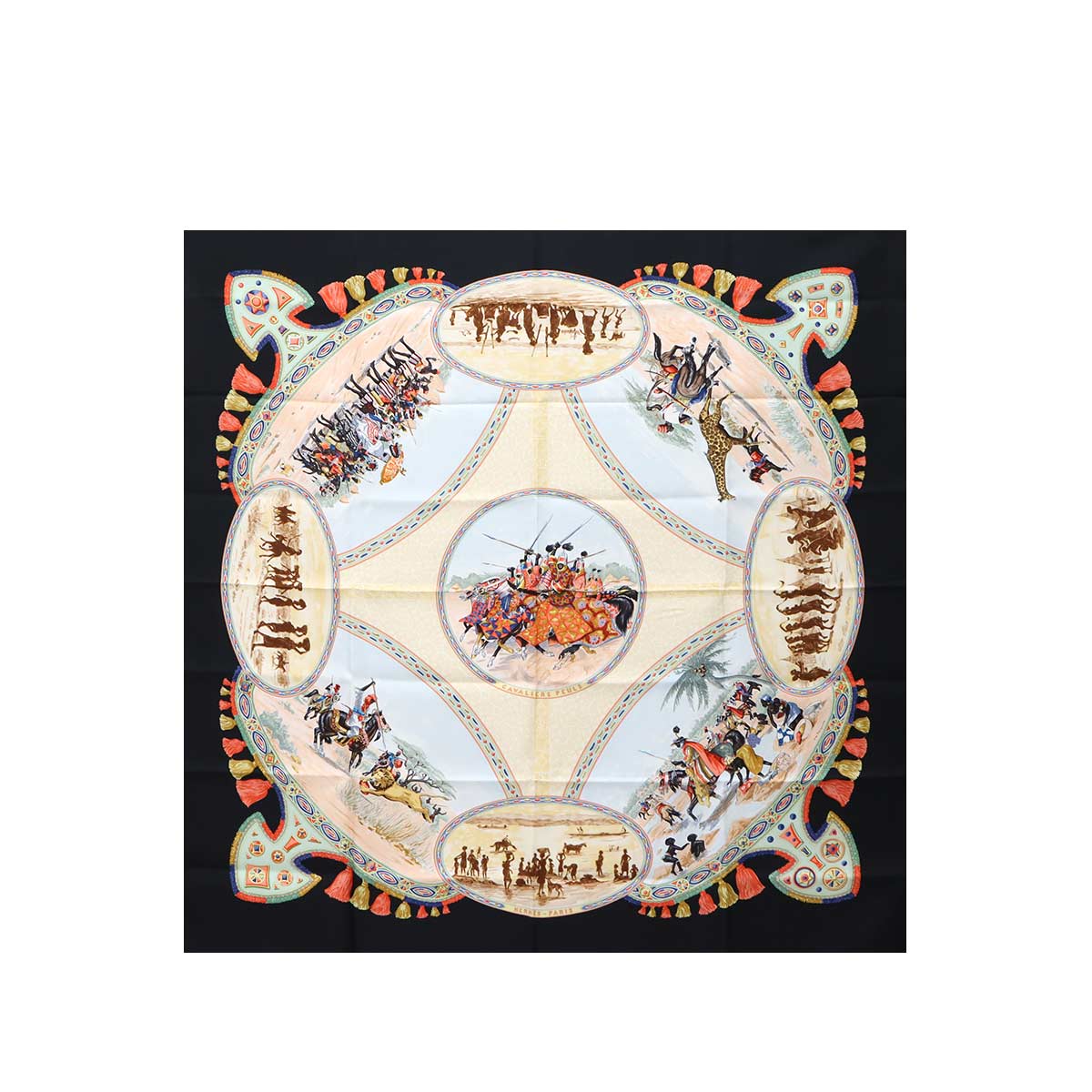 HERMES カレ 90 大判 スカーフ Cavaliers Peuls プール族の騎手 シルク 100% ブラック マルチカラー Carre Scarf エルメス 90289110