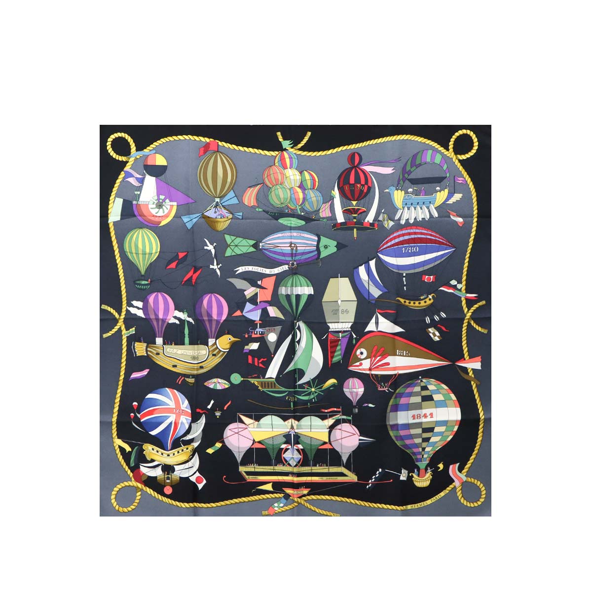 HERMES カレ 90 大判 スカーフ Les Folies Du Ciel 大空の狂気 シルク 100% ダークグレー マルチカラー Carre Scarf エルメス 90290120