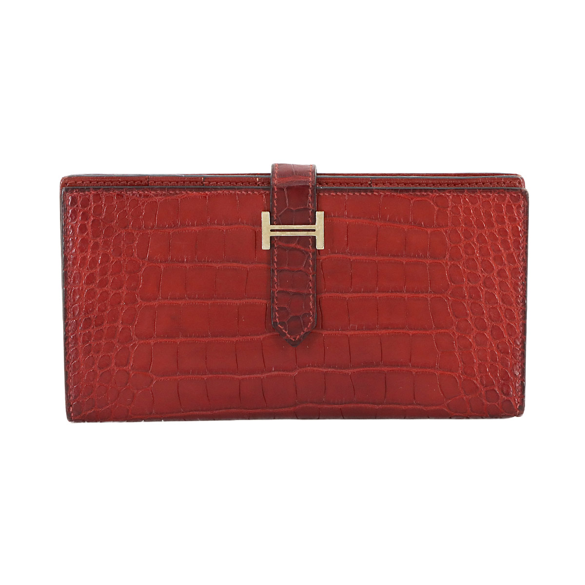 HERMES クロコダイル アリゲーター ベアンスフレ 長財布 ルージュアッシュ □Q刻印 エルメス 90295952