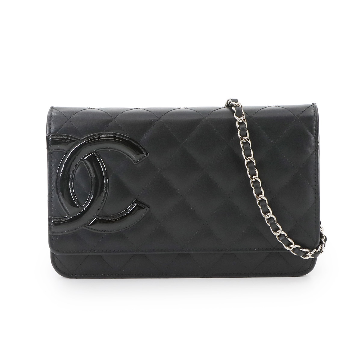 CHANEL カンボンライン チェーン ウォレット 二つ折り 長財布 カーフスキン エナメル ブラック A46646 Cambon Line Chain Wallet シャネル 90295873