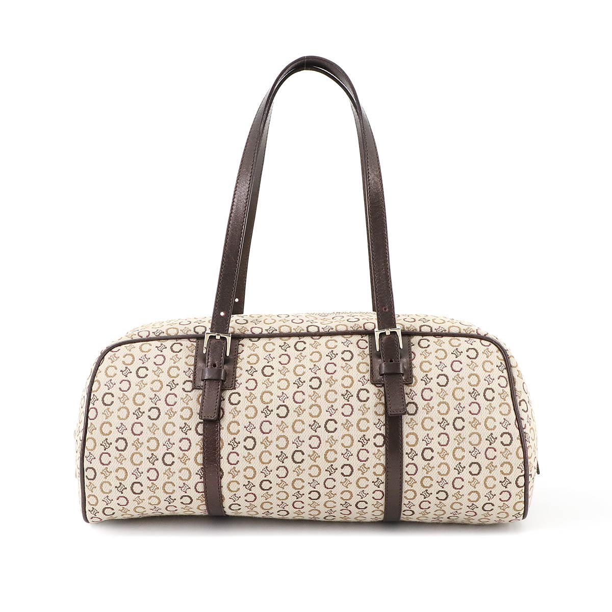 CELINE Cマカダム ミニ ボストン ハンド バッグ キャンバス レザー ベージュ ブラウン シルバー 金具 ヴィンテージ C Macadam Boston Bag セリーヌ 90295965