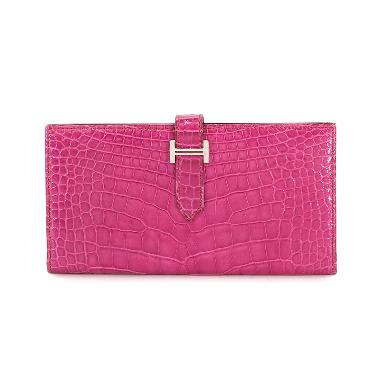 HERMES クロコダイル アリゲーター ベアンスフレ 長財布 フューシャピンク □L刻印 Bearn Soufflet エルメス 90296405