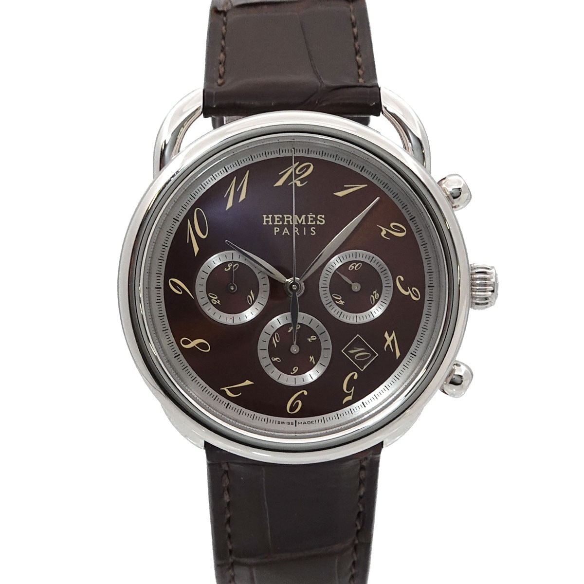 HERMES アルソー AR4 910 デイト メンズ 腕時計 クロノグラフ ブラウン オートマ 自動巻き ウォッチ Arceau エルメス 90297714