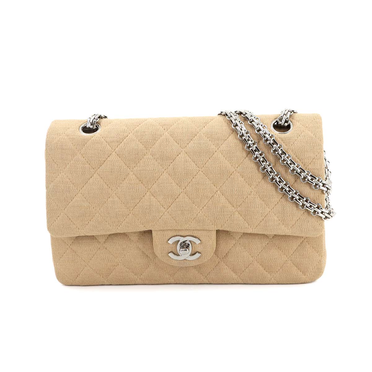 CHANEL マトラッセ チェーン ショルダー バッグ コットンジャージー ベージュ シルバー 金具 Matelasse Bag シャネル 90297963