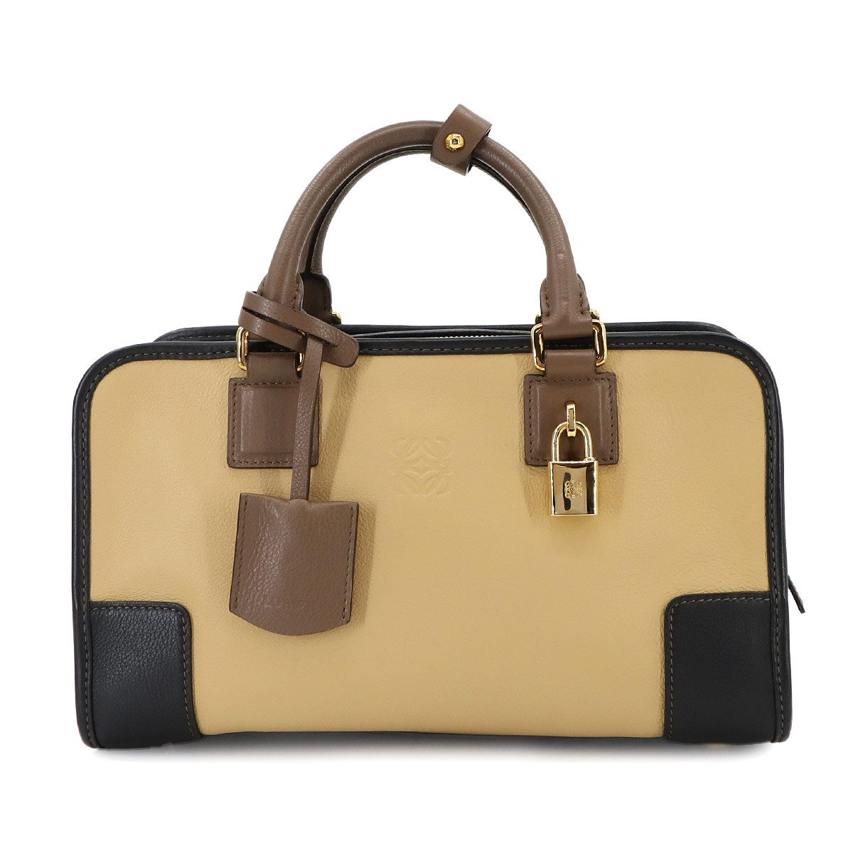 LOEWE アマソナ 28 ハンド バッグ レザー ベージュ ブラウン ブラック 352 69 LA03 ゴールド 金具 Amazona ロエベ 90298135