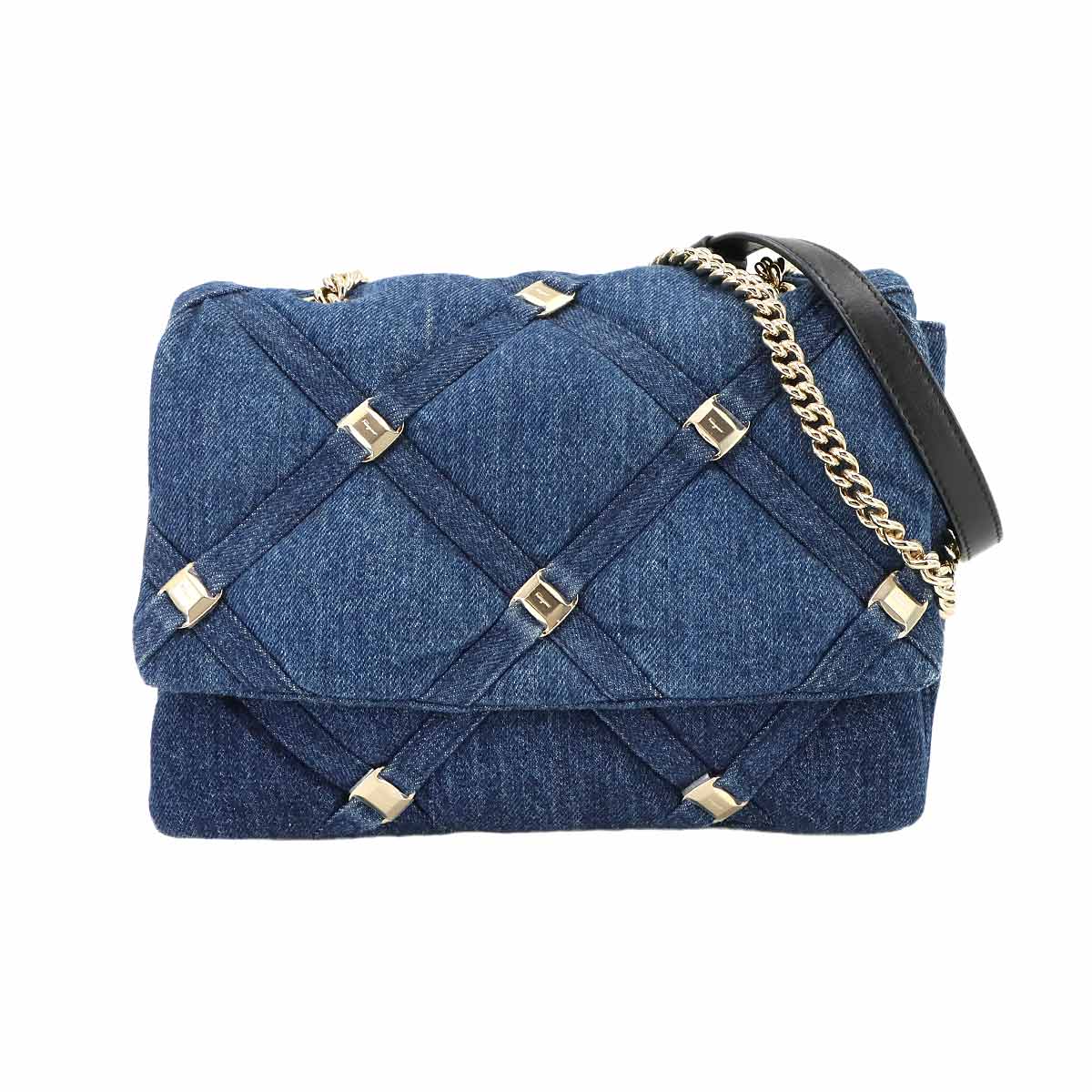 Salvatore Ferragamo ヴァラ チェーン ショルダー バッグ デニム レザー ブルー ブラック 21H536 Vara Bag サルヴァトーレ フェラガモ 90297063