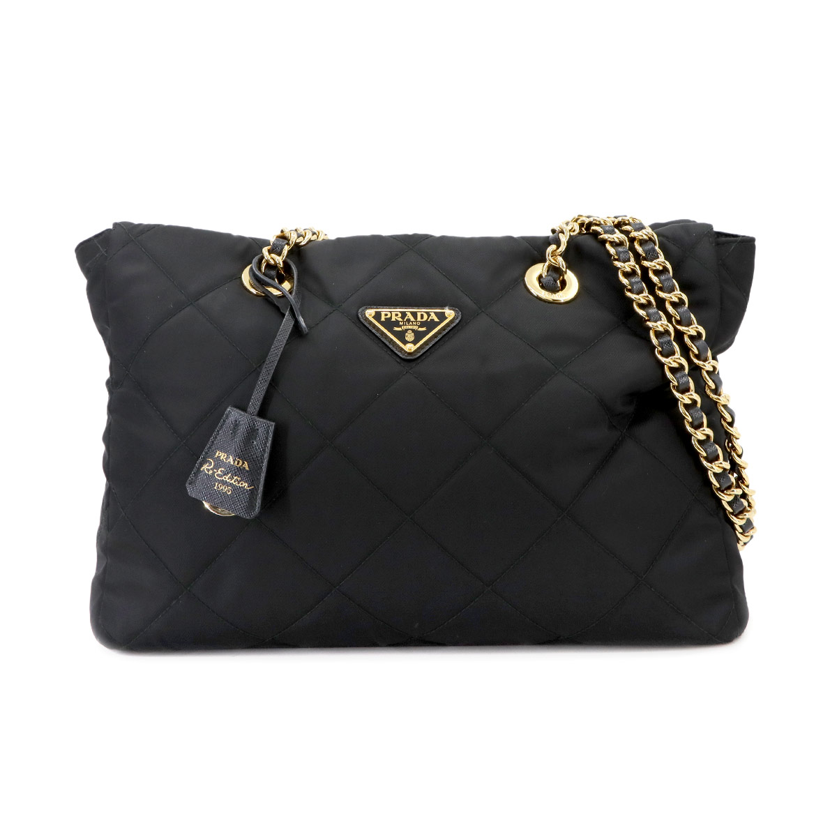 PRADA Re-Edition 1995 チェーン ショルダー バッグ ナイロン サフィアーノレザー ブラック 1BG529 ゴールド 金具 Shoulder Bag プラダ 90296675