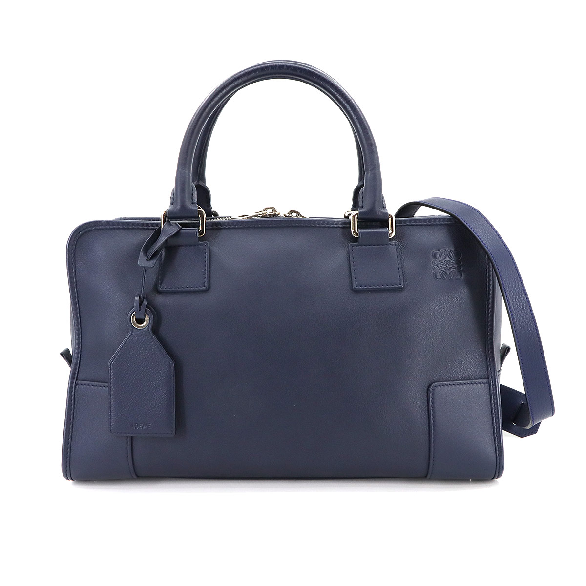 LOEWE アマソナ 36 2way ハンド ショルダー バッグ レザー ネイビー シルバー 金具 Amazona ロエベ 90293551