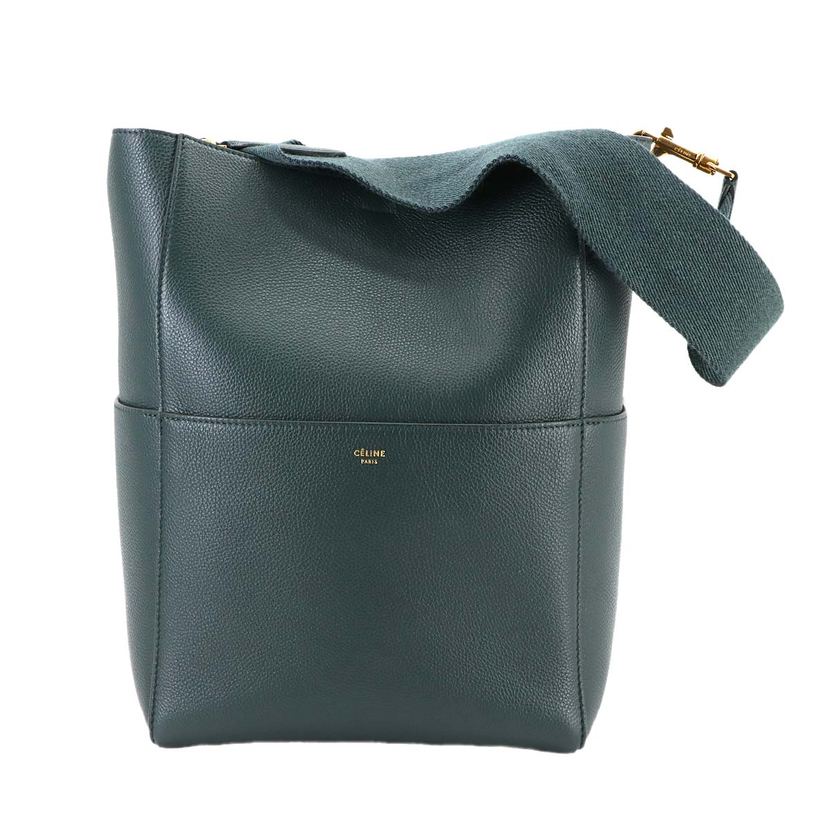 CELINE サングル バケット ショルダー バッグ レザー アマゾン ダークグリーン ゴールド 金具 189593AH4 Sangle Bucket セリーヌ 90298138