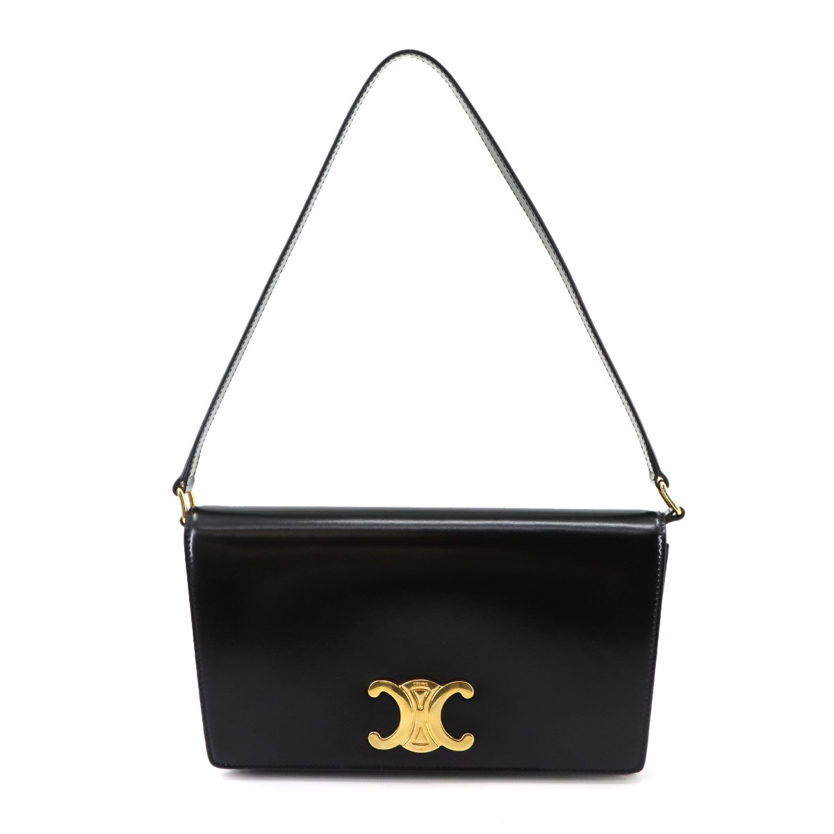 CELINE トリオンフ トラペーズ 2way ショルダー クラッチ バッグ レザー ブラック ゴールド 金具 Trapeze Shoulder Bag セリーヌ 90291683