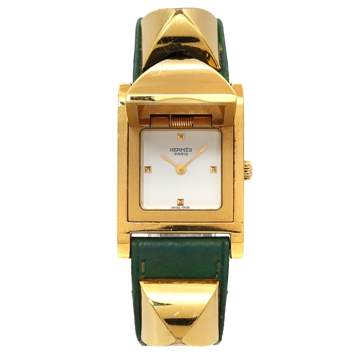 HERMES メドール ヴィンテージ レディース 腕時計 ピラミッド ゴールド スタッズ ホワイト グリーン レザー クォーツ ウォッチ Medor エルメス 90299885