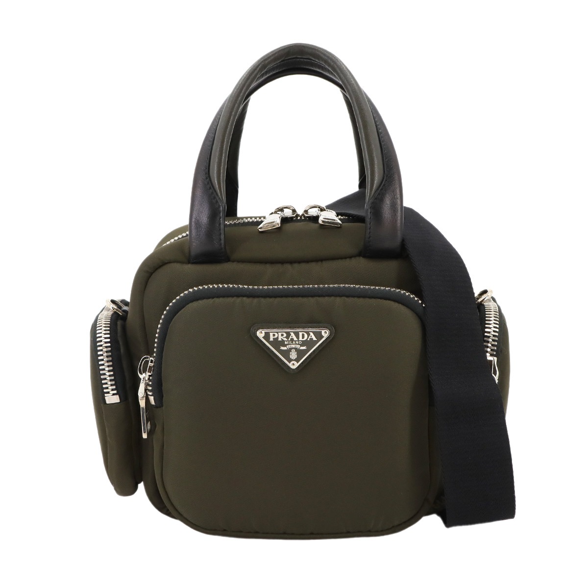 PRADA 2way ハンド ショルダー バッグ ナイロン レザー カーキ 1BB061 シルバー 金具 Hand Shoulder Bag プラダ 90295384