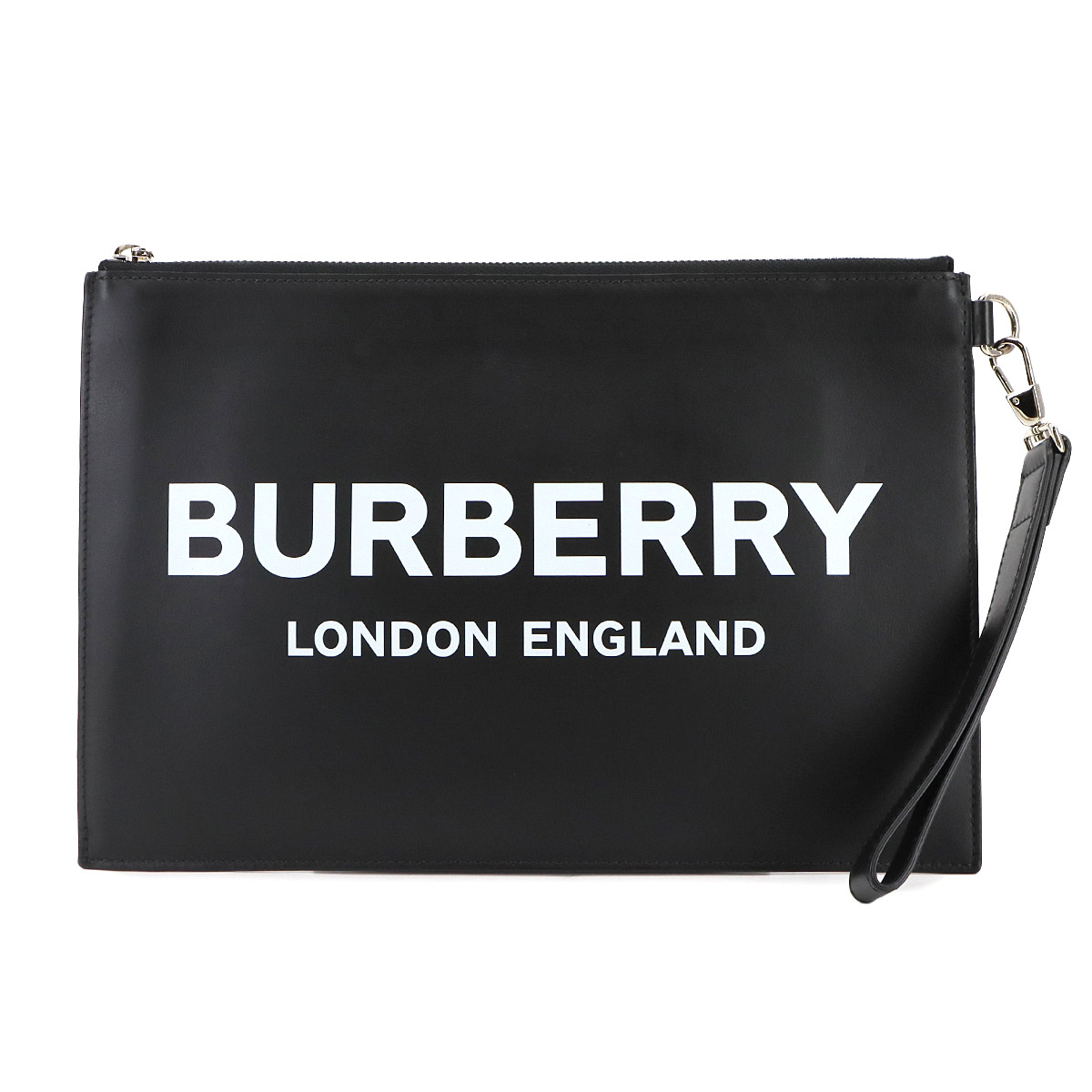 BURBERRY ロゴプリント クラッチ バッグ レザー ブラック 8009214 シルバー 金具 Clutch Bag バーバリー 90297683