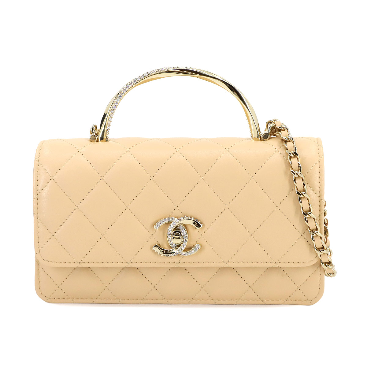 CHANEL マトラッセ 2way ハンド チェーン ウォレット 長財布 ラムスキン ベージュ AP4293 ゴールド 金具 Chain Wallet シャネル 90299454