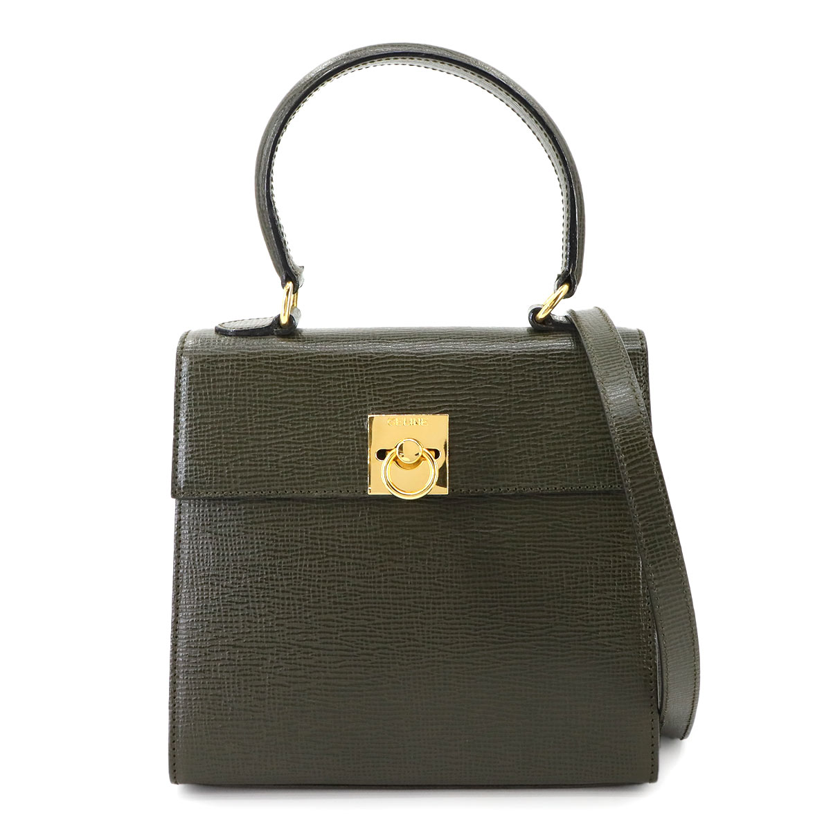 CELINE ガンチーニ 2way ハンド ショルダー バッグ レザー カーキ ゴールド 金具 ヴィンテージ Hand Shoulder Bag セリーヌ 90299389