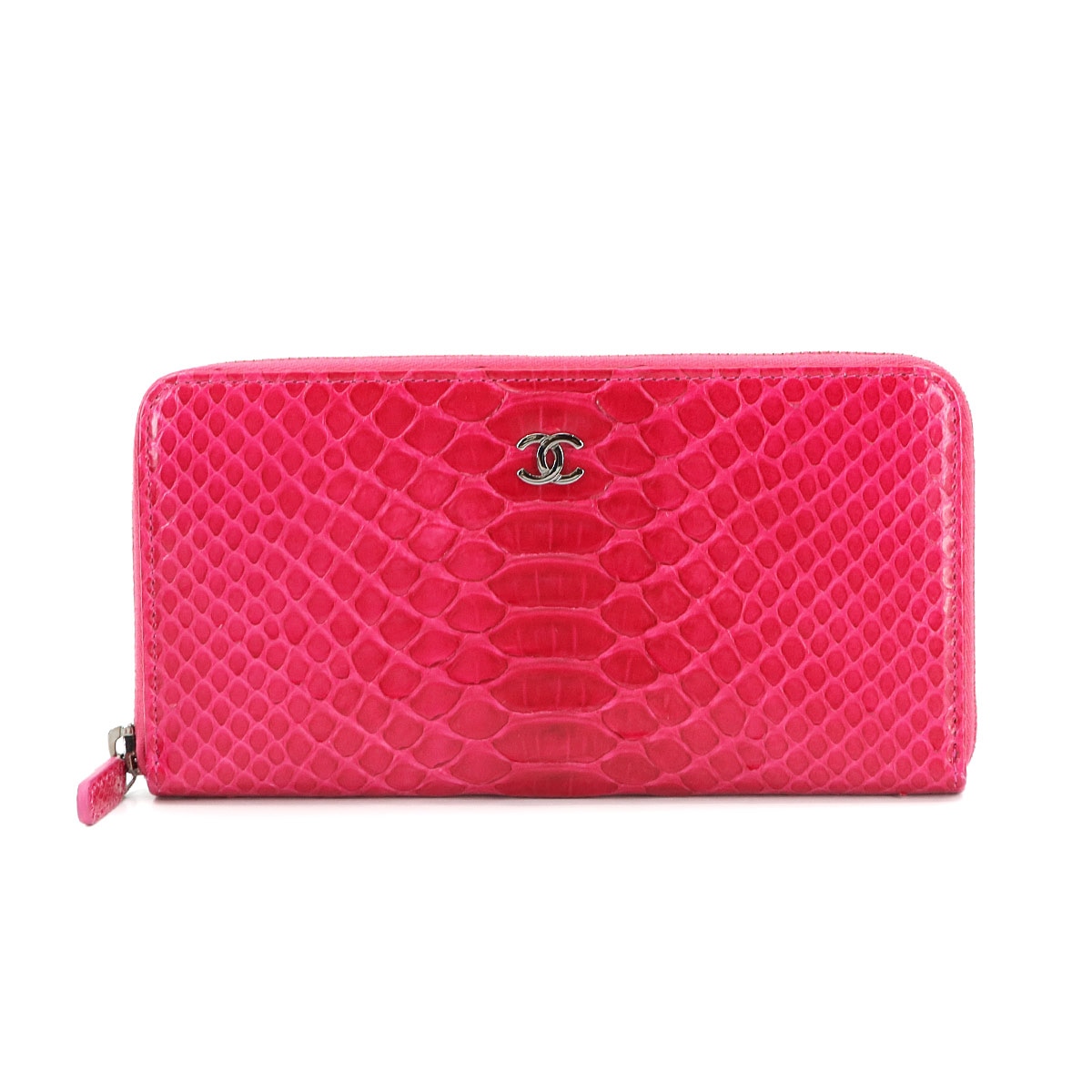CHANEL ラウンドファスナー 長財布 パイソン ピンク シルバー 金具 Long Wallet シャネル 90299407