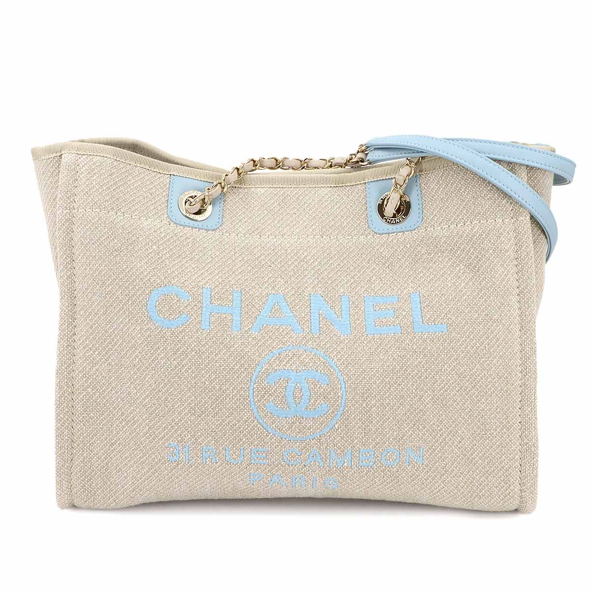 CHANEL ドーヴィル MM チェーン トート バッグ キャンバス ベージュ ブルー A67001 ゴールド 金具 Deauville Tote Bag シャネル 90299565
