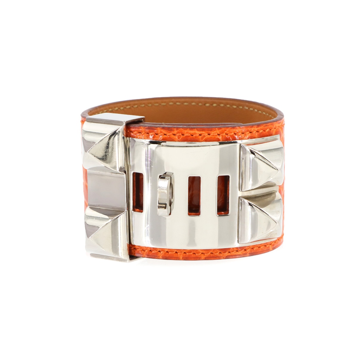 HERMES クロコダイル アリゲーター コリエドシアン バングル オレンジ T刻印 シルバー 金具 Collier De Chien Bangle エルメス 90299690