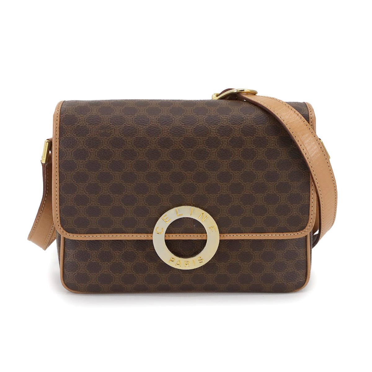 CELINE マカダム ショルダー バッグ PVC レザー ブラウン ゴールド 金具 サークルロゴ ヴィンテージ Macadam Shoulder Bag セリーヌ 90299843