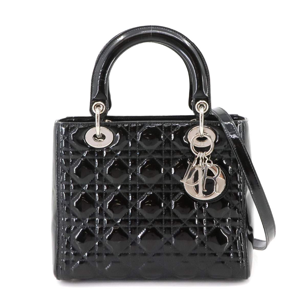 Chiristian Dior カナージュ レディディオール ミディアム 2way ハンド ショルダー バッグ エナメル ブラック Lady dior クリスチャン ディオール 90297957
