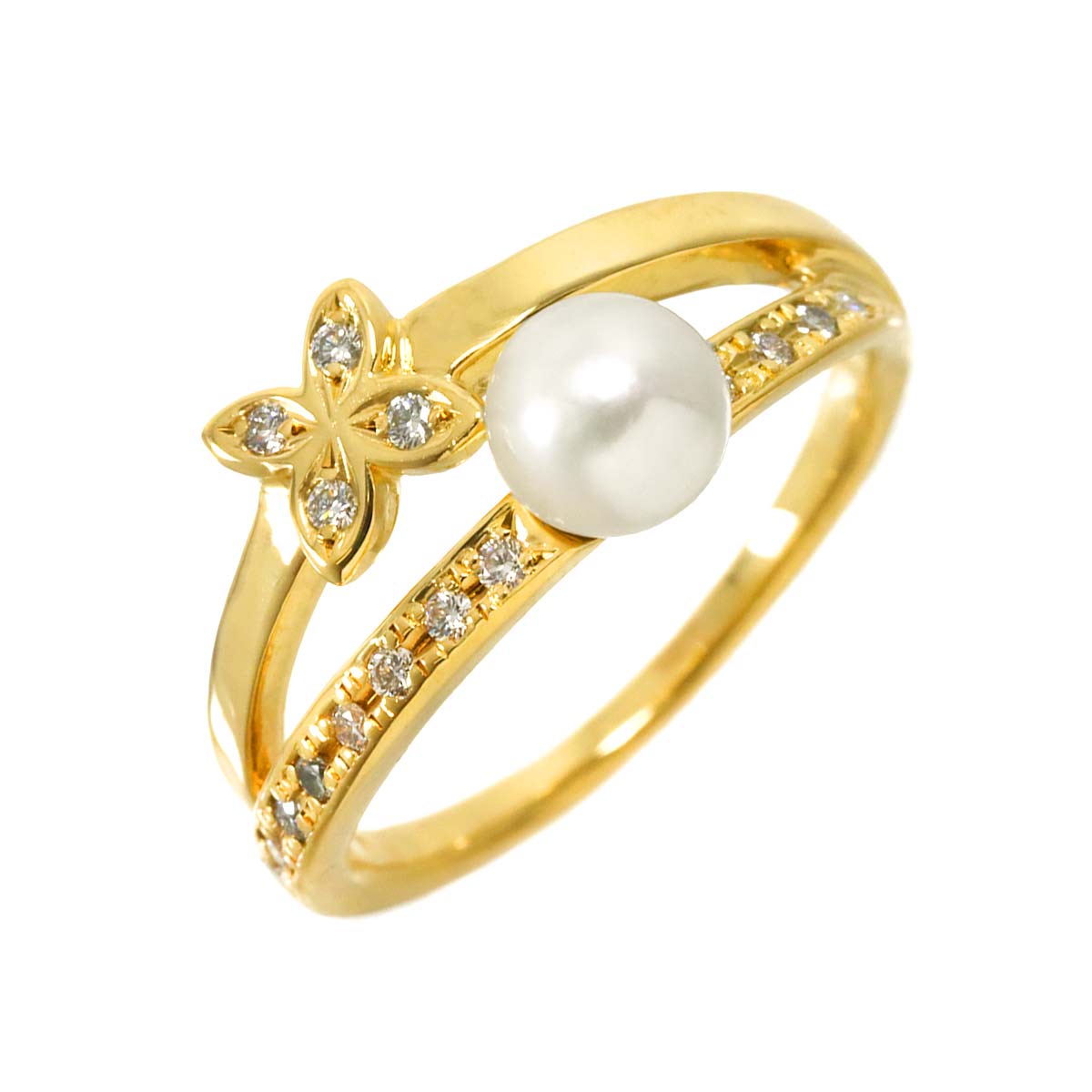 MIKIMOTO 10号 リング アコヤ真珠 5.3mm ダイヤ K18 YG イエローゴールド 750 パール 指輪 Akoya Pearl Ring 90300187