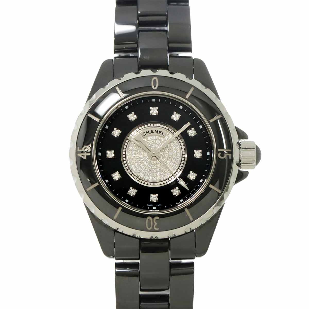 CHANEL J12 33mm H2122 レディース 腕時計 12P ダイヤ デイト ブラック セラミック センターダイヤ クォーツ ウォッチ シャネル 90301920
