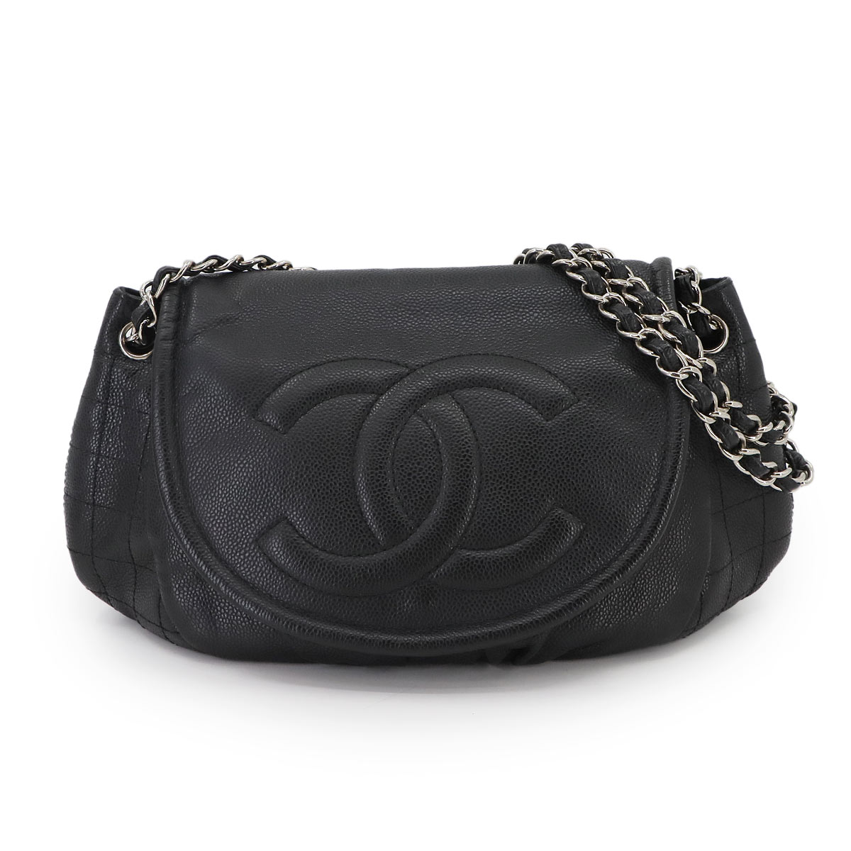 CHANEL ハーフムーン チェーン ショルダー バッグ キャビアスキン ブラック シルバー 金具 Half Moon Bag シャネル 90298063