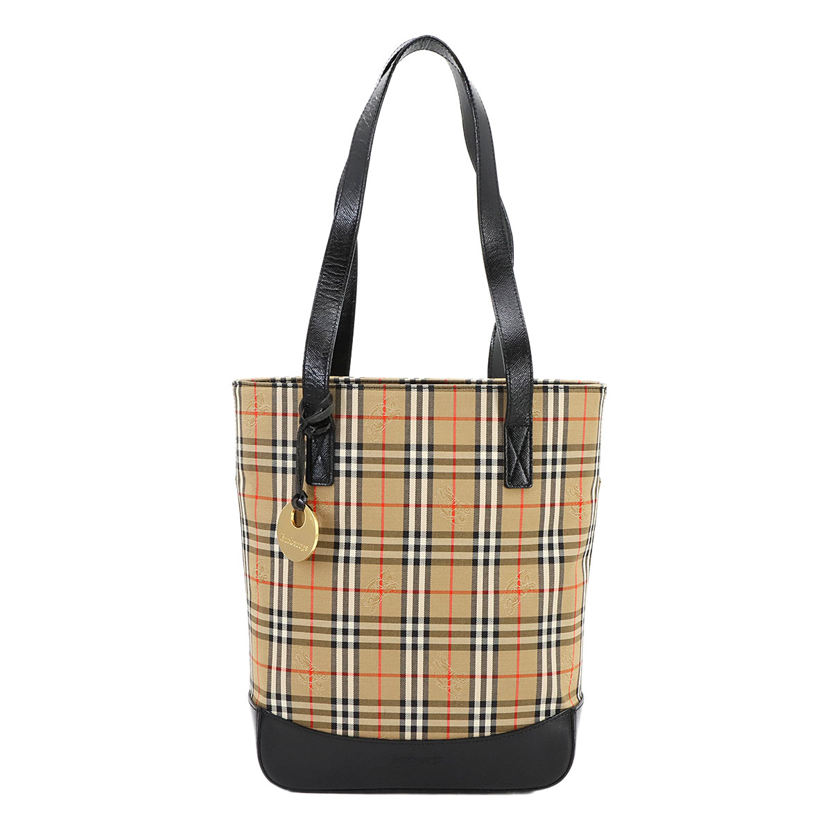 BURBERRY ヘイマーケットチェック トート バッグ キャンバス レザー ブラウン ブラック ゴールド 金具 Tote Bag バーバリー 90299449