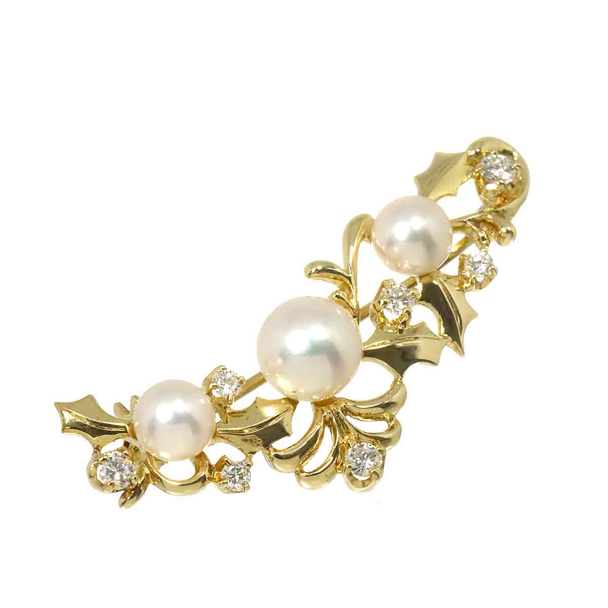 MIKIMOTO アコヤ真珠 6.9-5.3mm ダイヤ ブローチ K18 YG イエローゴールド 750 パール Pearl Brooch ミキモト 90297342