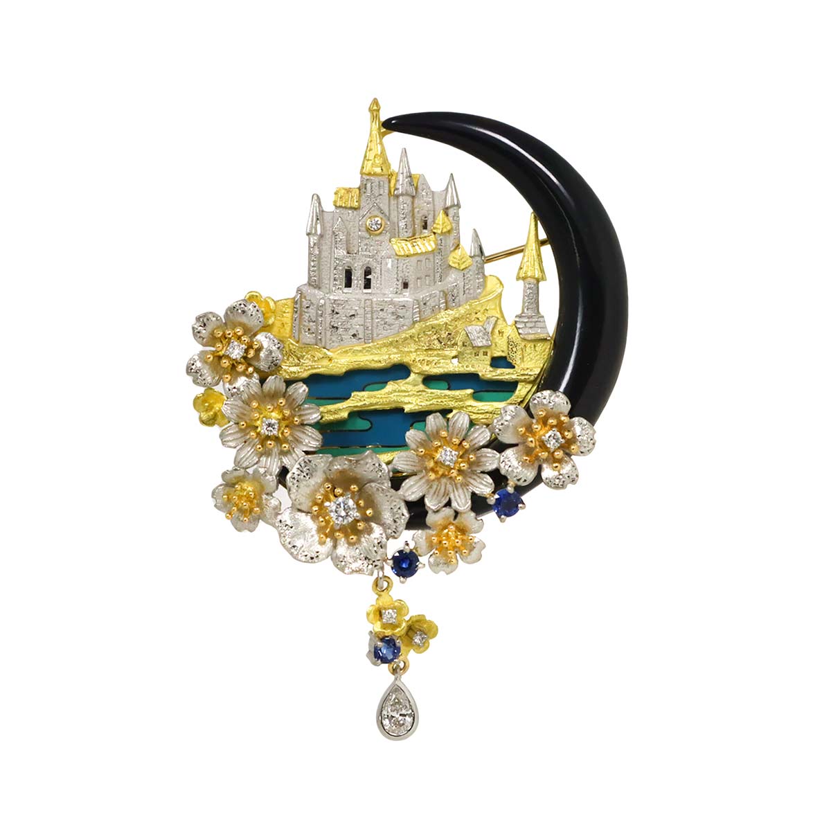 Ishikawa Nobuko as Time モンサンミッシェル ダイヤ サファイヤ オニキス ブローチ K18 YG イエローゴールド 750 Pt プラチナ 作家物 Brooch 石川暢子 90299997