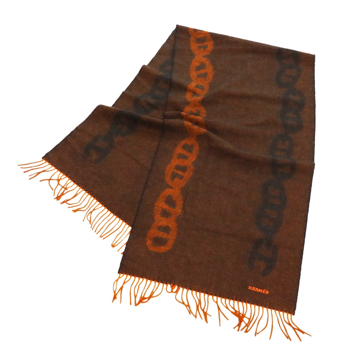 HERMES クレイジー チェーン マフラー カシミヤ 100% ブラウン オレンジ シェーヌダンクル Winter Scarf エルメス 90284780