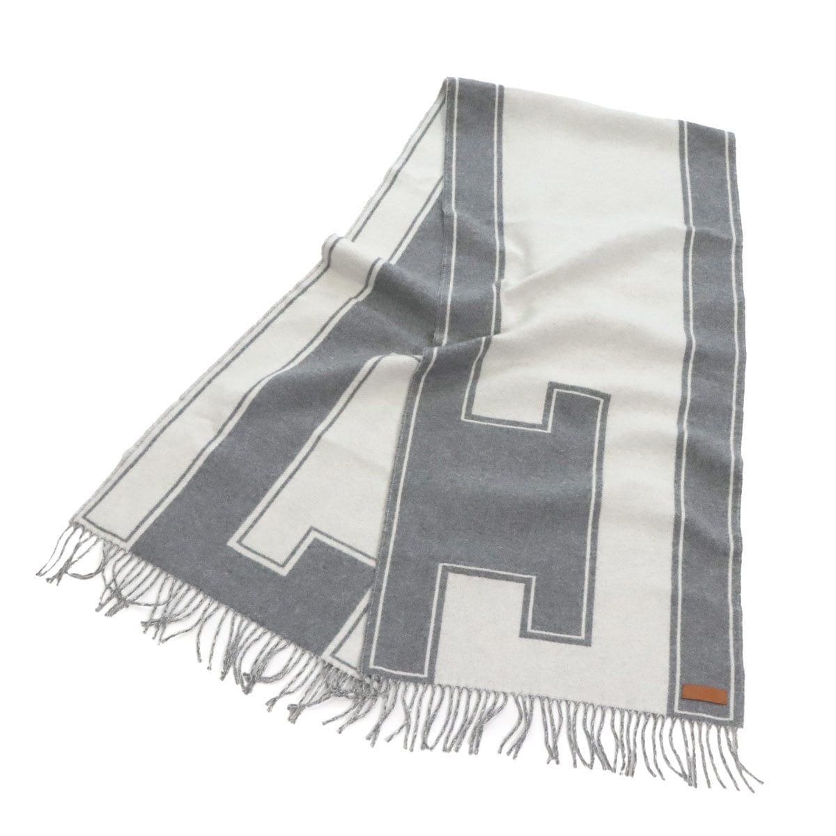 HERMES カザック クレドゥH マフラー カシミヤ 100% ホワイト グレー Winter Scarf エルメス 90295059