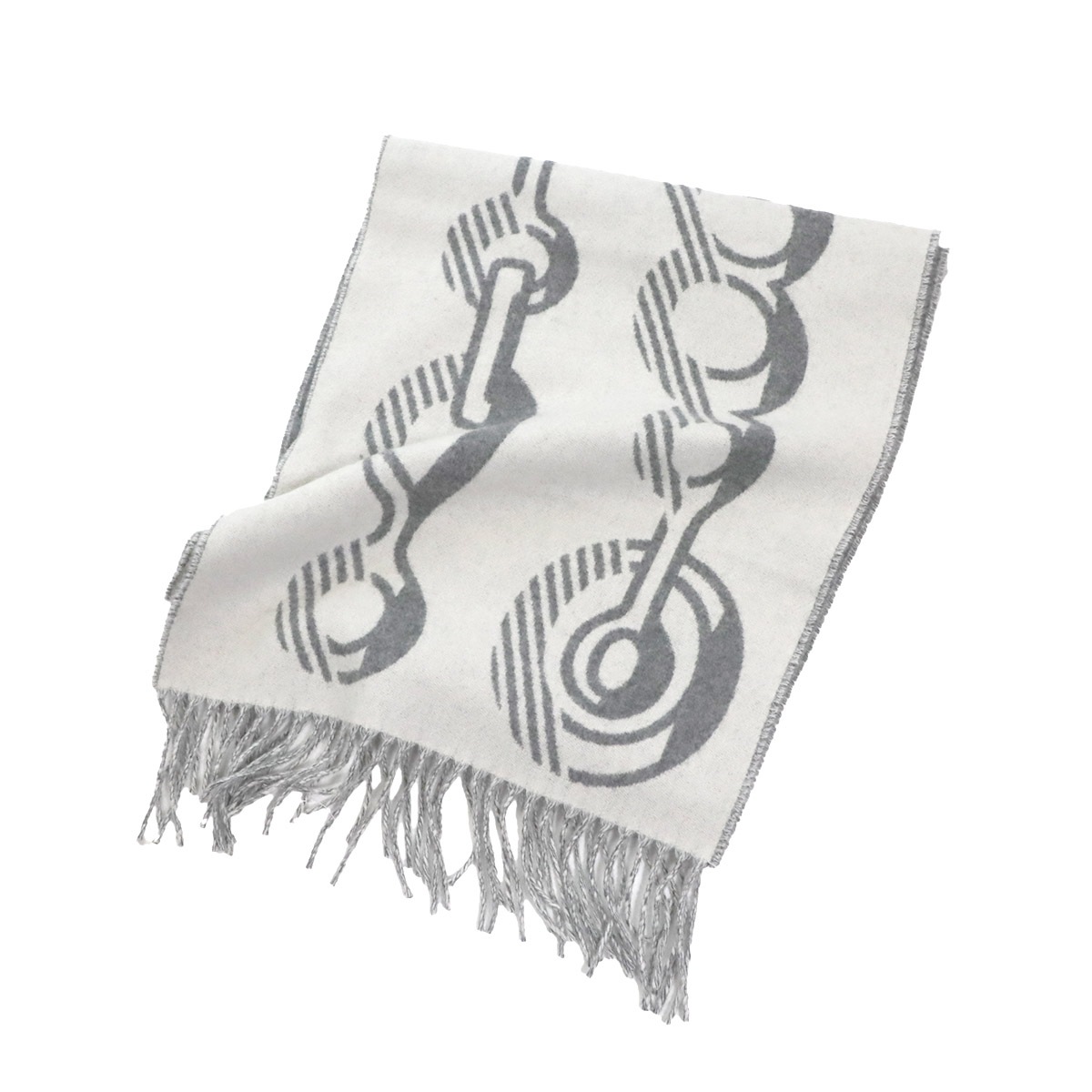 HERMES ドレ バックル マフラー カシミヤ 100% ホワイト グレー Winter Scarf エルメス 90300352