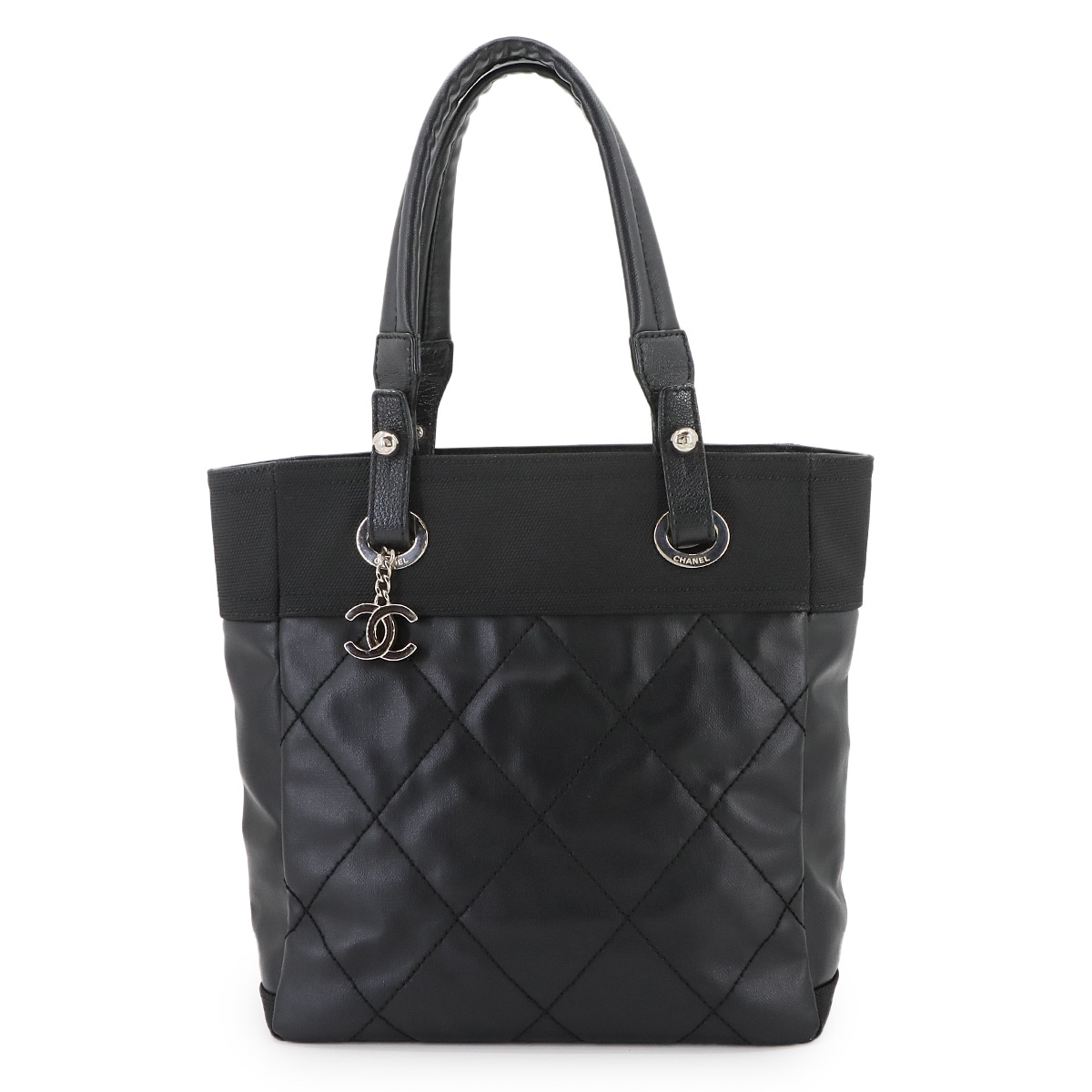 CHANEL パリビアリッツ PM トート バッグ PVC ナイロン レザー ブラック A34208 シルバー 金具 Paris Biarritz PM シャネル 90301027