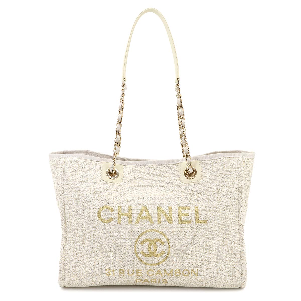 CHANEL ドーヴィル MM チェーン トート バッグ ツイード レザー ホワイト ゴールド A67001 Deauville MM シャネル 90301219