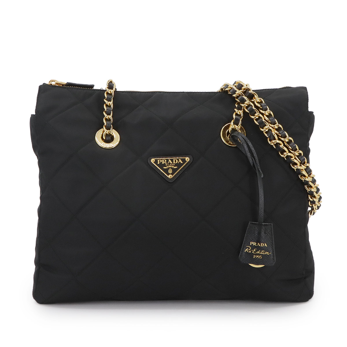 PRADA チェーン トート バッグ ナイロン サフィアーノレザー ネロ ブラック 1BG529 ゴールド 金具 Chain Tote Bag プラダ 90292877
