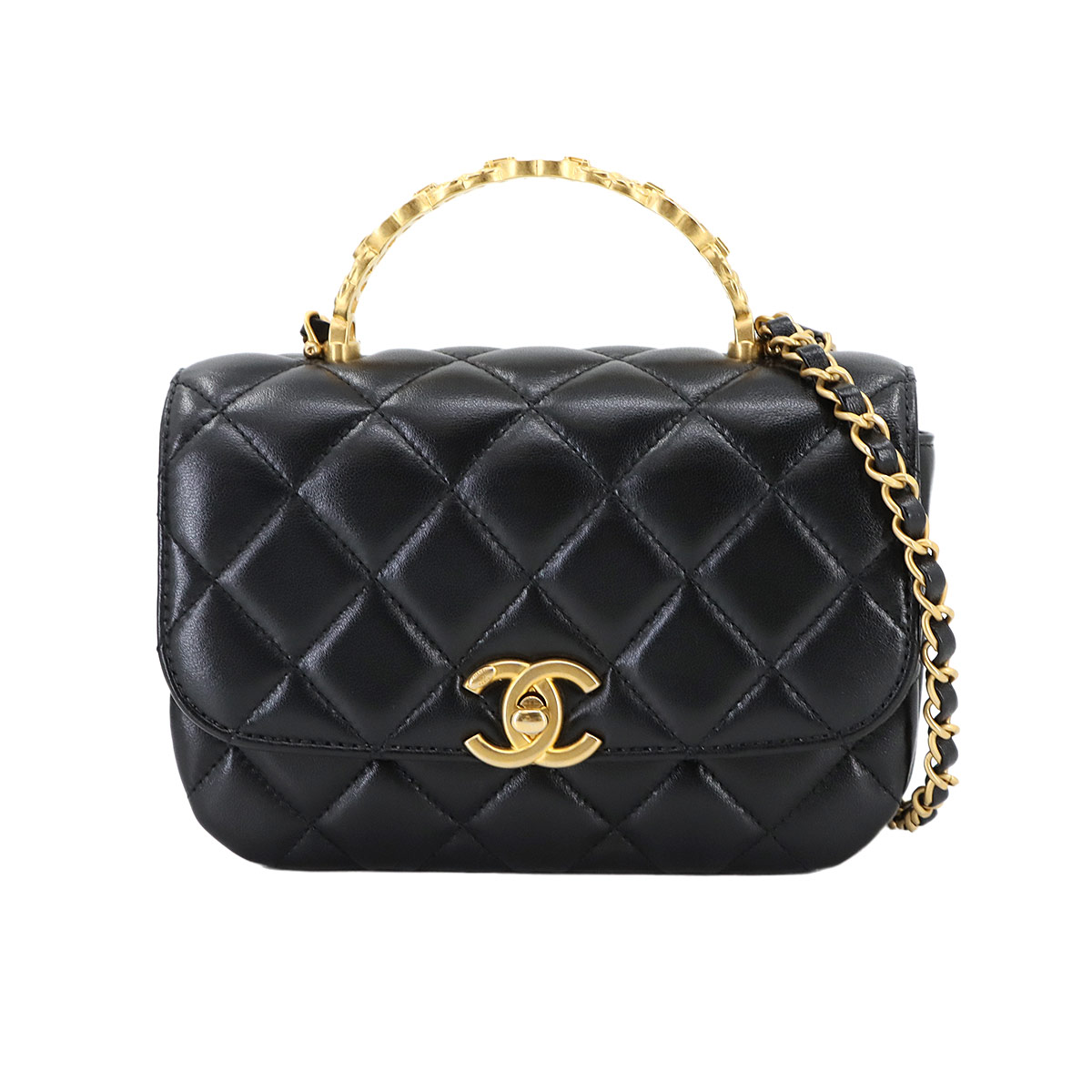 CHANEL マトラッセ トップハンドル 2way ハンド チェーン ショルダー バッグ ラムスキン ブラック Matelasse Top Handle Bag シャネル 90302036